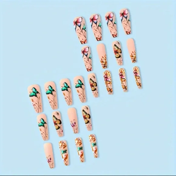 Butterfly Nail Art Floral Design coffin shape 24 pc Matte reusable Medium NWT - Picture 5 of 10